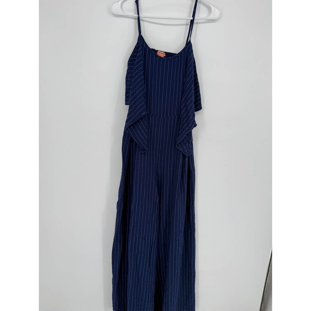 Flying Tomato Navy Blue Pinstripe Wide Leg Ruffle Jumpsuit Medium Smocked Back